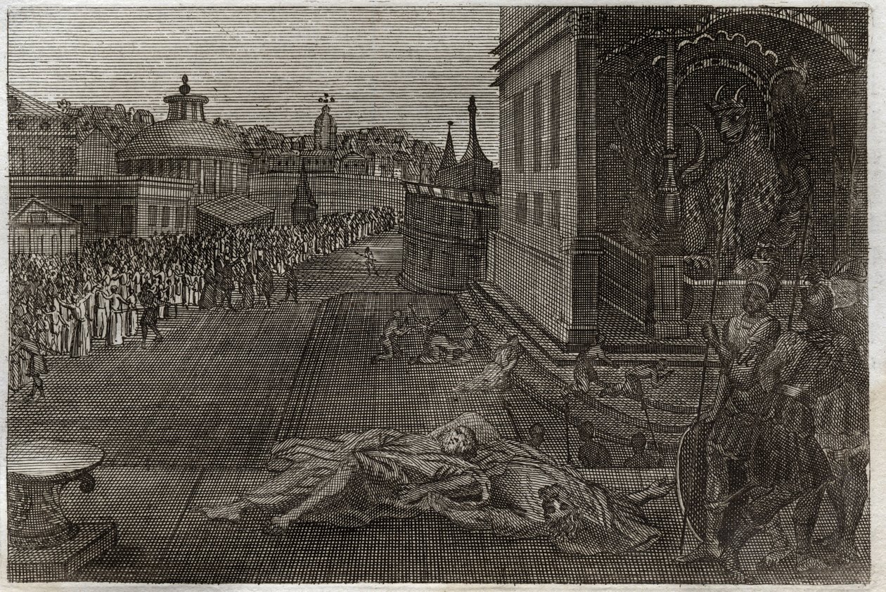 Royaumont Bibeln, Nya testamentet: De två profeternas död. Synen Saint John hade av två döda profeter, som sedan återuppstod. Uppenbarelsebokens sjunde basun. Illustration från 1811. av Unknown artist