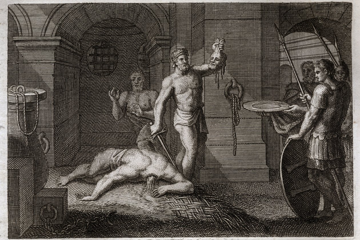 Royaumont Bibeln, Nya testamentet: Dekollering av Johannes Döparen. Man lägger huvudet på en platå. Illustration från 1811. av Unknown artist