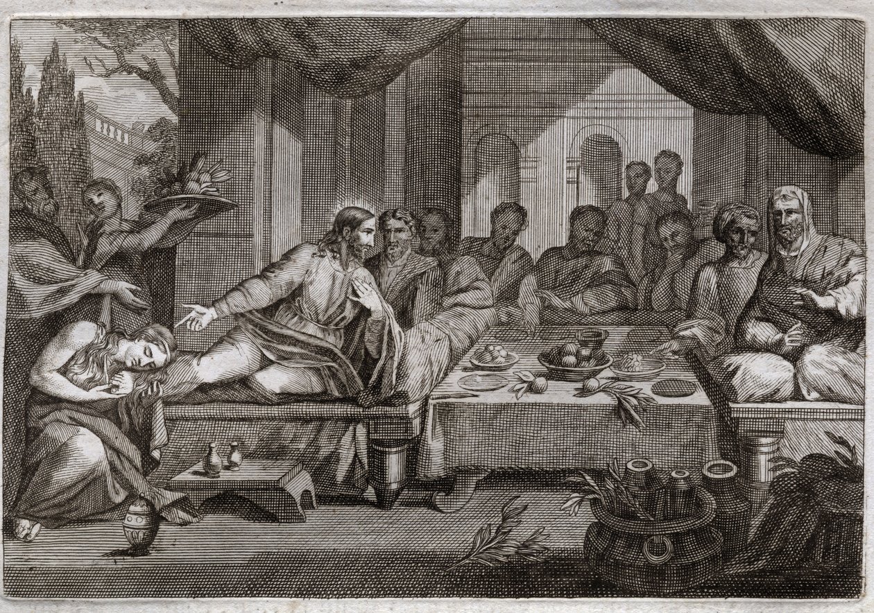 Royaumont Bibeln, Nya testamentet: Middag hos fariséen Simon. Maria Magdalena gick för att gråta vid Jesu Kristi fötter hos farisén Simon och fick förlåtelse för sina synder. Hon smörjer Kristi fötter med salva och torkar dem med håret. Il av Unknown artist