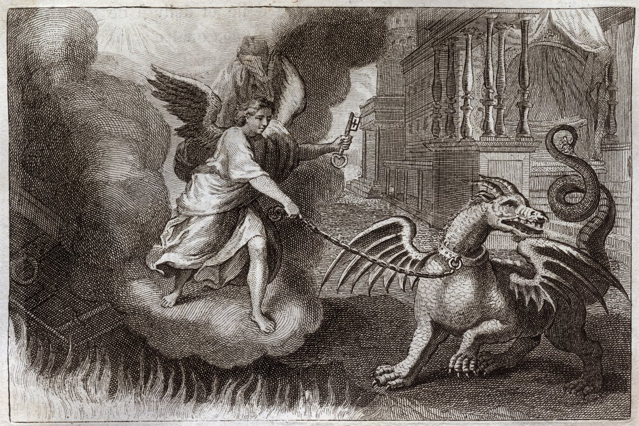 Royaumont Bibeln, Nya testamentet: Dragon Chains. Uppenbarelsens drake, symbol för djävulen, är kedjad av en ängel som håller nyckeln till abime. Illustration från 1811. av Unknown artist