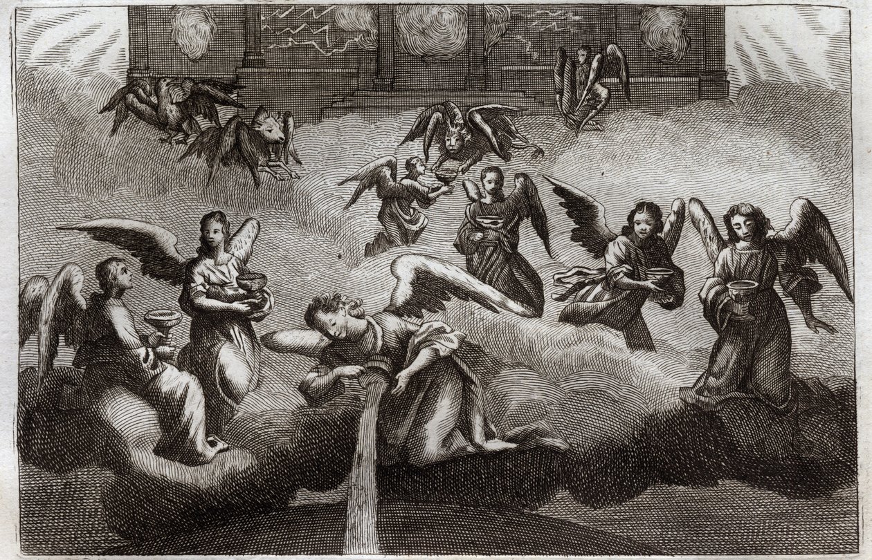 Royaumont Bibeln, Nya testamentet: Uppenbarelsens drake. Sju änglar häller ut innehållet i sin bägare, symbol för Guds vrede, på jorden. Illustration från 1811. av Unknown artist