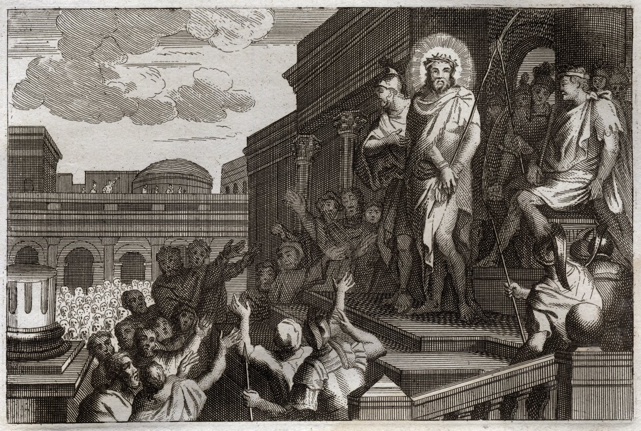 Royaumont Bibeln, Nya testamentet: Ecce homo. Pontius Pilatus (Pontius Pilatus) presenterar Jesus Kristus med törnen för folkmassan och säger: "Här är mannen". Illustration från 1811. av Unknown artist