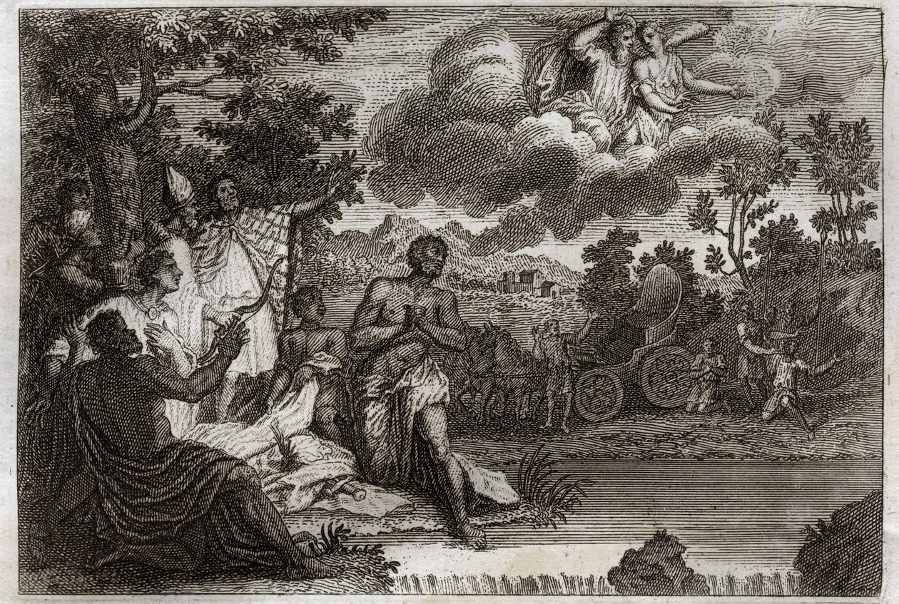 Royaumont Bibeln, Nya testamentet: Eunuk döper. Den helige Filips diakon tillkännager tro till en eunuck av drottningen av Etiopien och döper honom. Illustration från 1811. av Unknown artist