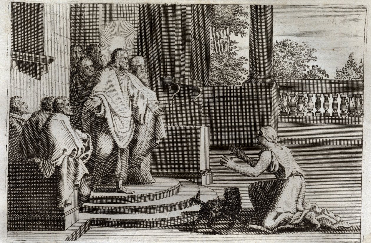 Royaumont Bibeln, Nya testamentet: Jesus Kristus och Kanaans hustru (Kananen eller den främmande kvinnan). En bonde ber Herren om hjälp att bota sin dotter. Kristus svarade honom: "Jag var bara sänd till de förlorade fåren av Israels hus." Illustration frå av Unknown artist