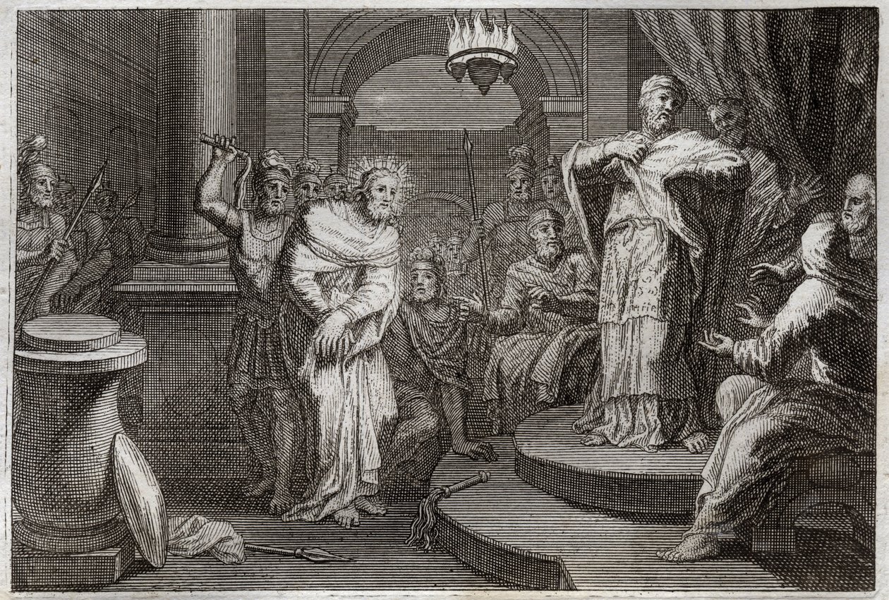 Royaumont Bibeln, Nya testamentet: Jesus Kristus före Caiphus och Anan (Hanan eller Anne eller Hanne). Illustration från 1811. av Unknown artist
