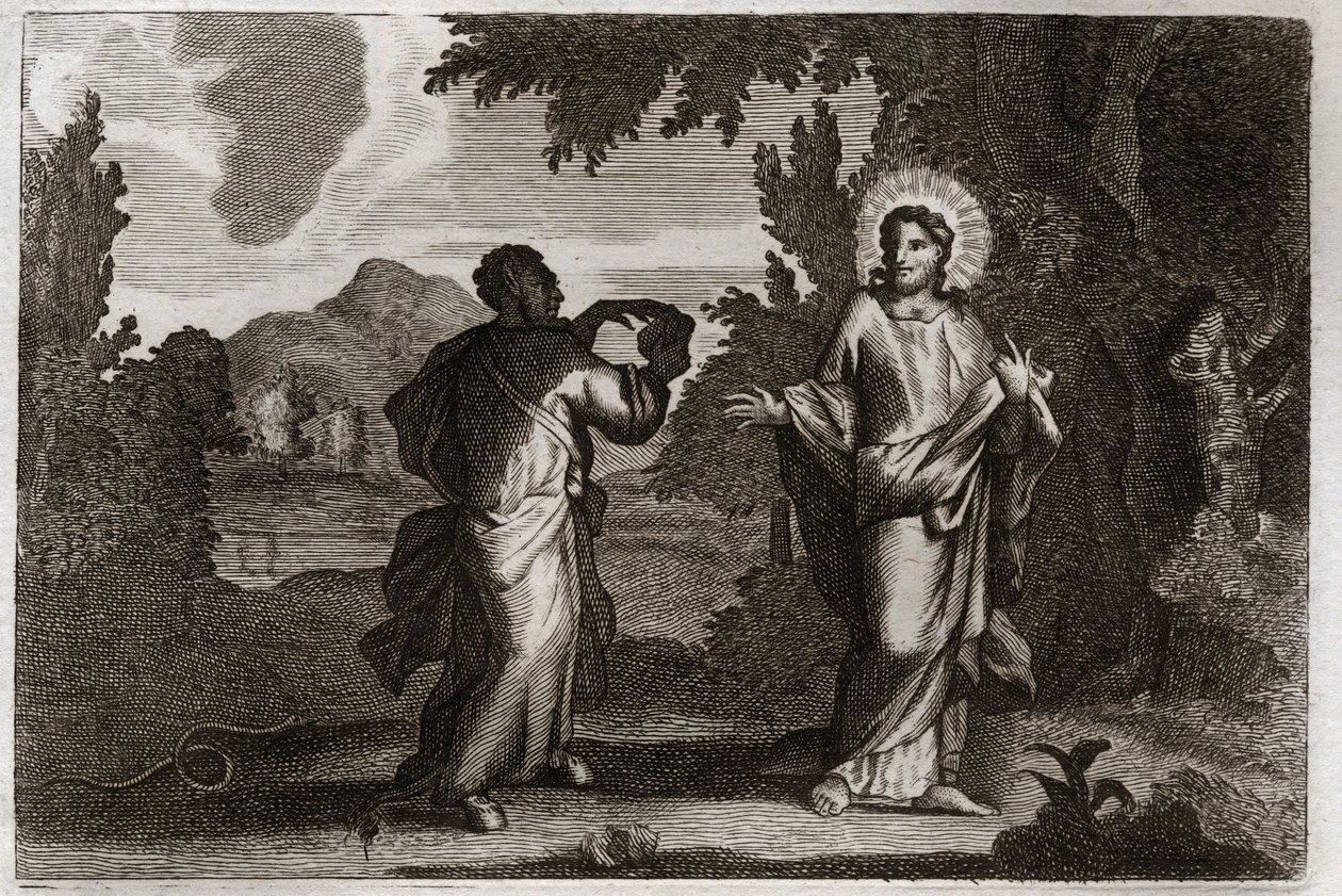 Royaumont Bibeln, Nya testamentet: Jesus Kristus i öknen. Jesus drivs ut i öknen. Han unga fyrtio dagar och fyrtio nätter. Han frestas av demonen som uppmanar honom att förvandla stenar till bröd. Illustration från 1811. av Unknown artist