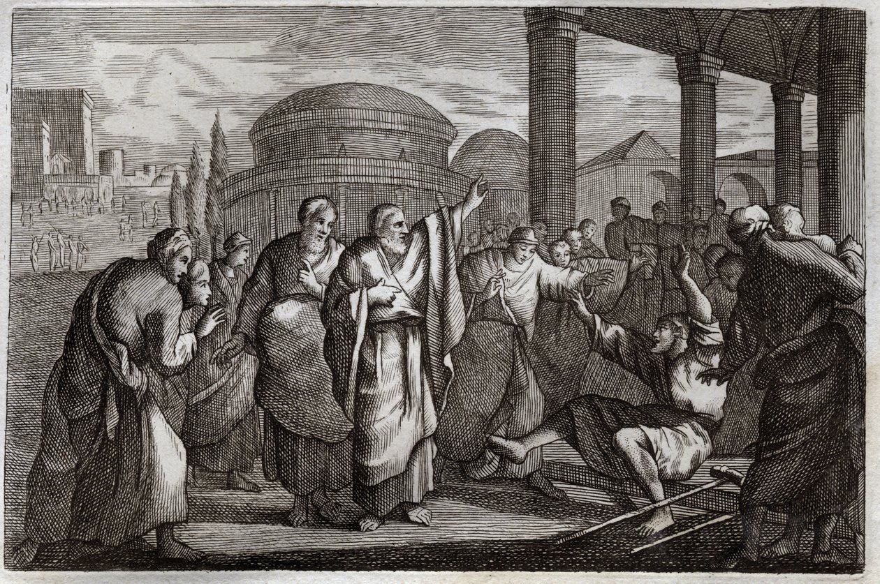 Royaumont Bibeln, Nya testamentet: Lame gueri. Saint Paul krigar en halt och arresterar ett folk som ville offra till honom som en Gud. Illustration från 1811. av Unknown artist