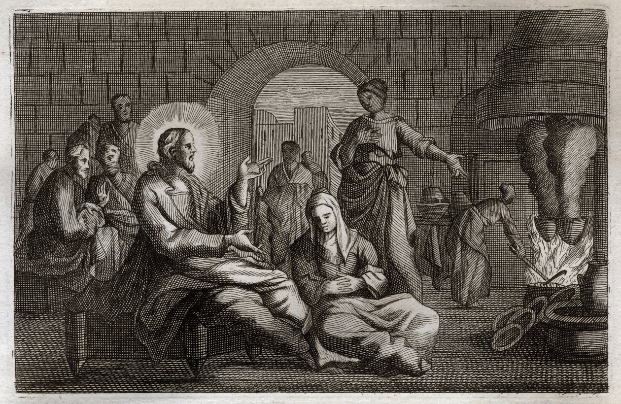 Royaumont Bibeln, Nya testamentet: Marta och Maria. Jesus Kristus går in i Martas hus, som skyndar sig att ta emot honom medan hans syster, Maria av Betania, hör hans ord. Illustration från 1811. av Unknown artist
