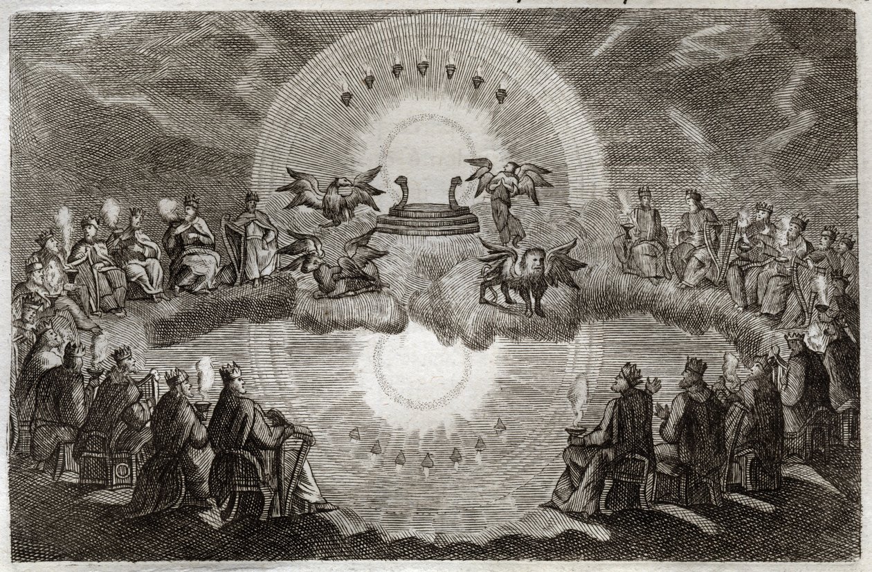Royaumont Bibeln, Nya testamentet: Öppna himlen. En trone dyker upp omgiven av ett lejon, en oxe, en man och en örn (tetramorf) och sju lampor. Tjugofyra gamla människor som sitter på troner omger denna vision. Illustration från 1811. av Unknown artist