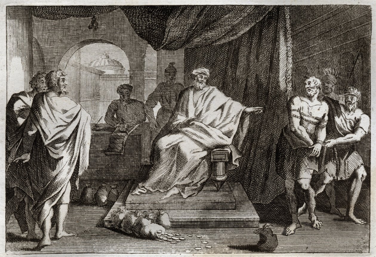 Royaumont Bibeln, Nya testamentet: liknelsen om talangerna. En mästare straffar en av sina tjänare som gömde pengarna han gav honom. Illustration från 1811. av Unknown artist