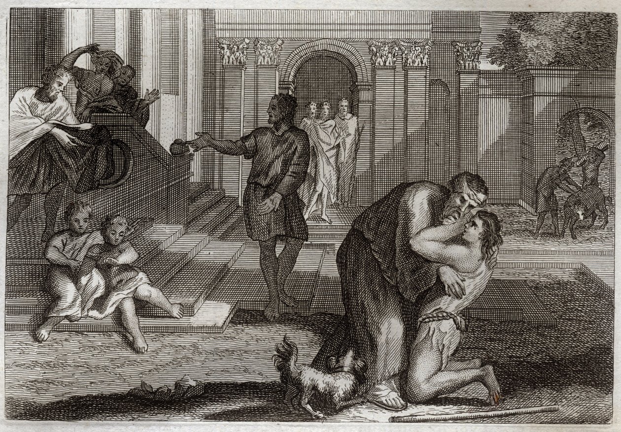Royaumont Bibeln, Nya testamentet: liknelsen om det förlorade barnet. Sonen återvänder hem efter att han lämnat och förlorat alla sina ägodelar. Han kommer för att be sin far om förlåtelse. Illustration från 1811. av Unknown artist