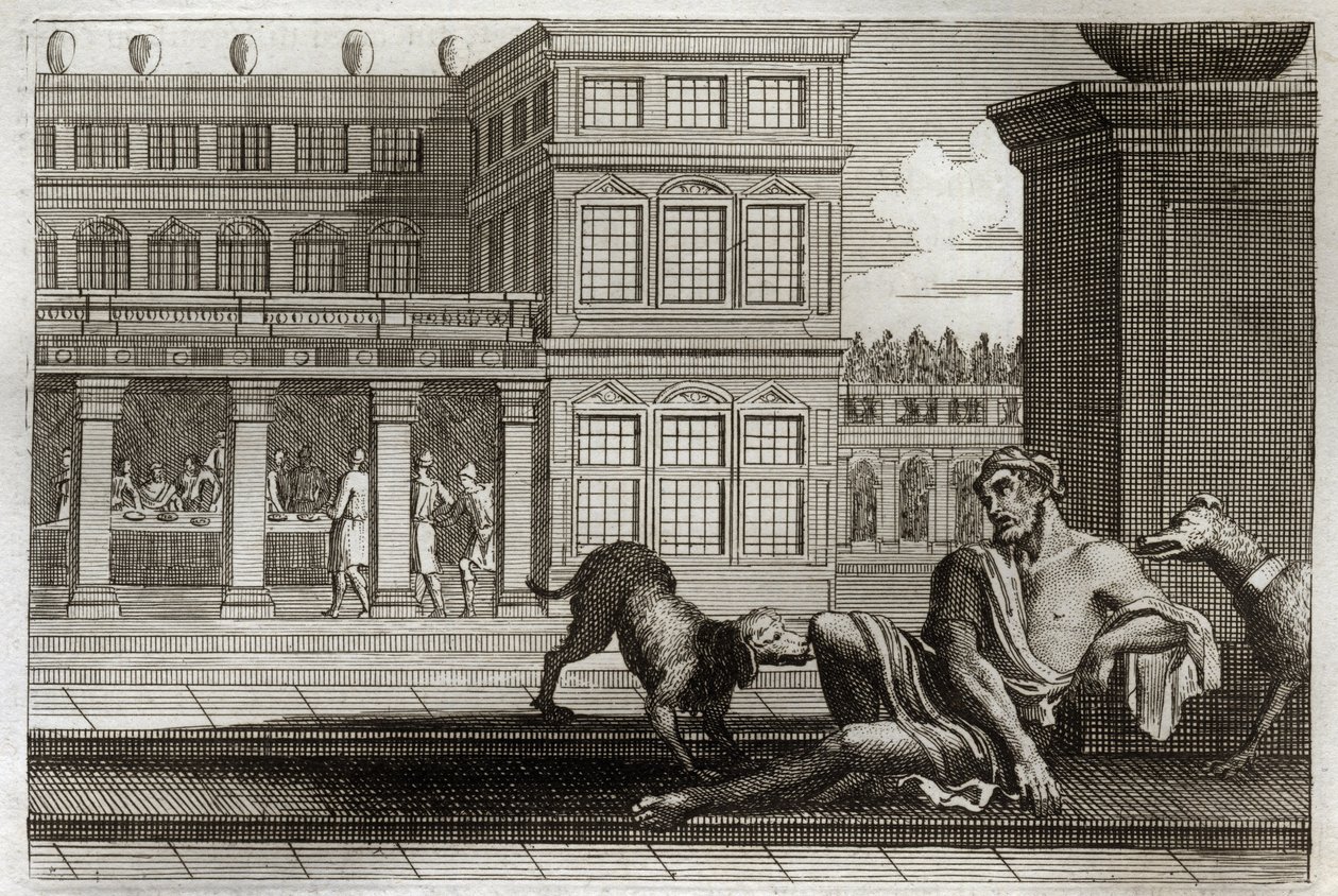 Royaumont Bibeln, Nya testamentet: Liknelsen om de onda rika representerar vid bordet i ryggen och Lazarus tiggaren, vars hundar av de rika slickar såren. Illustration från 1811. av Unknown artist