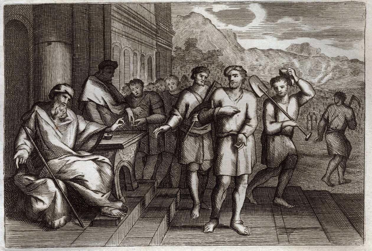 Royaumont Bibeln, Nya testamentet: Liknelse om vinarbetare eller liknelse om arbetare i elfte timmen. Arbetare som familjens fader skickar för att arbeta i sin vingård. Illustration från 1811. av Unknown artist