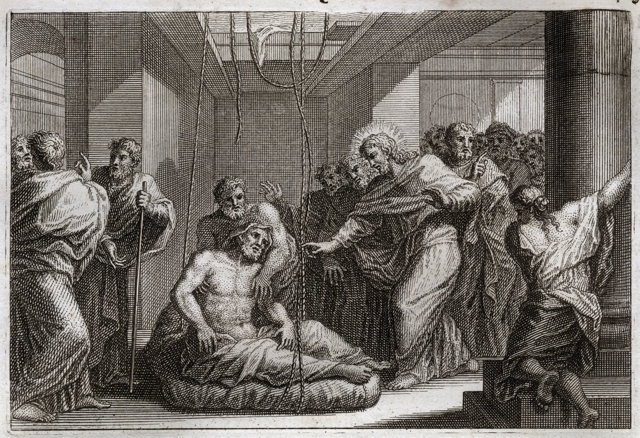 Royaumont Bibeln, Nya testamentet: Paralytisk. Jesus Kristus kallade den helige Matteus och botade en förlamad person i Capharnaeum. Illustration från 1811. av Unknown artist