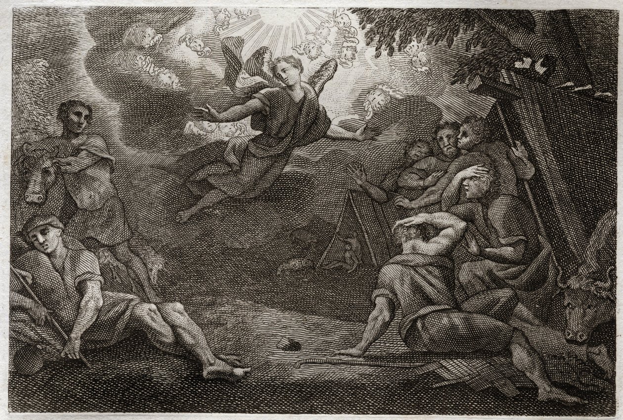 Royaumont Bibeln, Nya testamentet: Pastors at the Crech. En ängel tillkännager Jesu Kristi födelse för pastorerna (Bekännelse till herdarna). Illustration från 1811. av Unknown artist