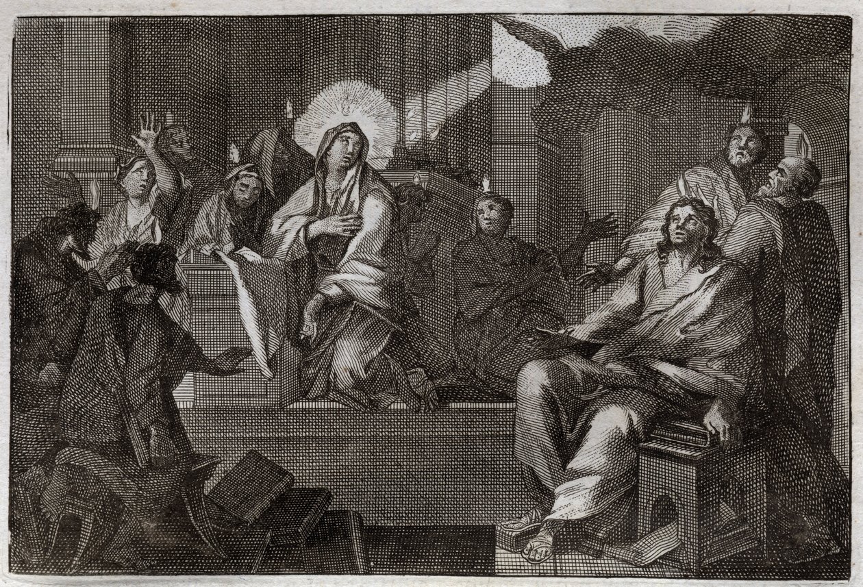 Royaumont Bibeln, Nya testamentet: Pentecoot. Den Helige Ande sänker sig över Jungfru Maria och Apoters. Illustration från 1811. av Unknown artist