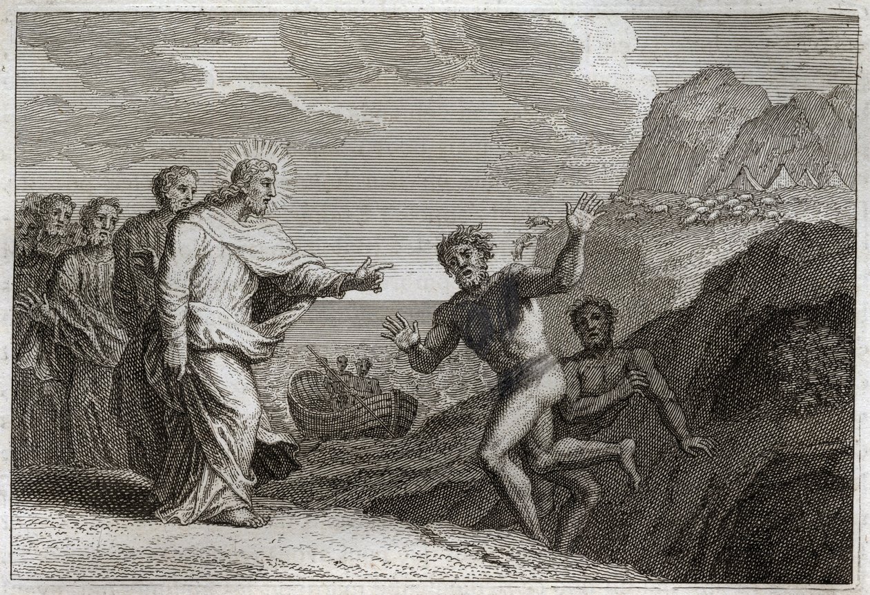 Royaumont Bibeln, Nya testamentet: Possede gueri. Jesus Kristus helade en besatt som demonen gjorde rasande. Illustration från 1811. av Unknown artist