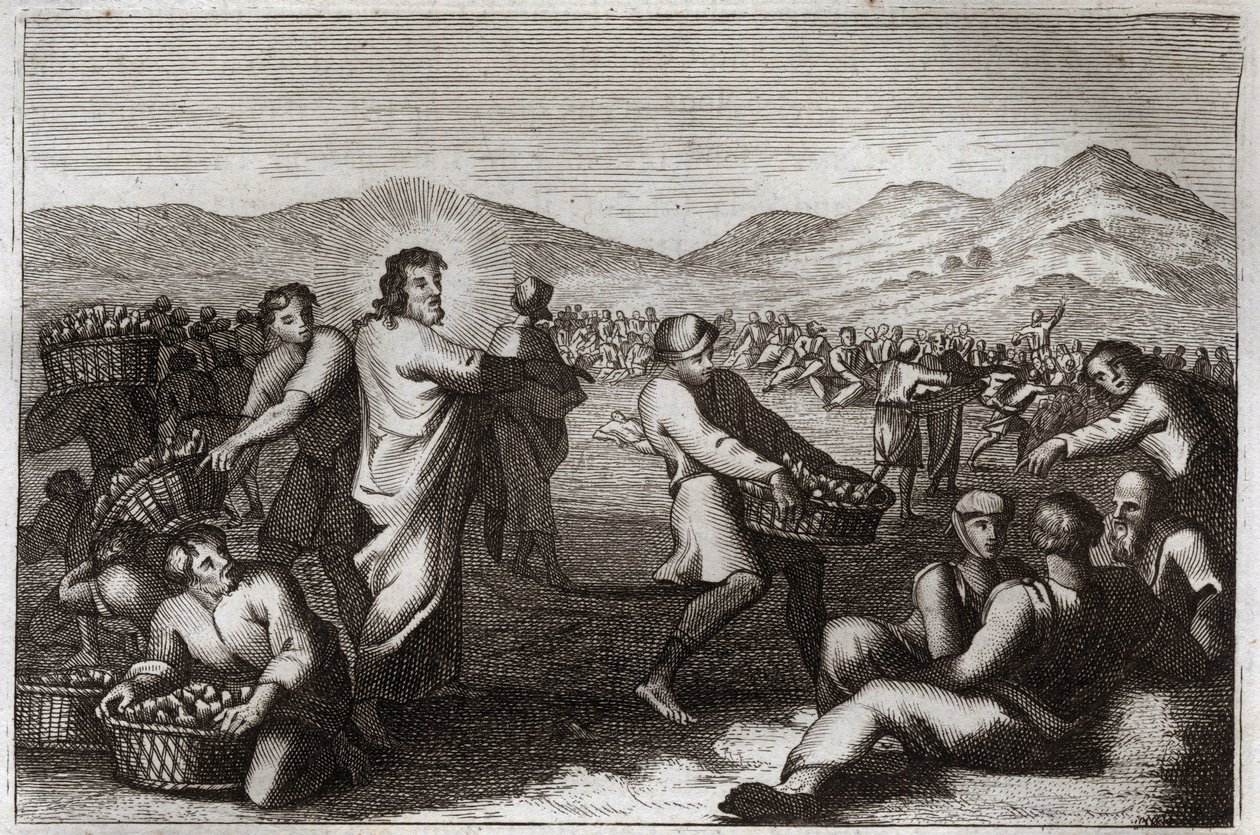 Royaumont Bibeln, Nya testamentet: Förökning av bröd. Jesus Kristus förökar fem bröd och matar fem tusen män. Illustration från 1811. av Unknown artist