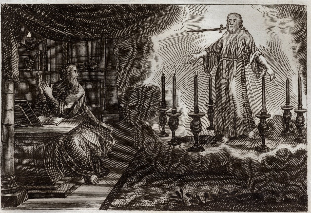 Royaumont Bibeln, Nya testamentet: Johannes uppenbarelser i uppenbarelseboken. Jesus Kristus visar sig i Johannes Johannes mellan sju gyllene ljusstakar, med sju stjärnor i hans högra hand och ett svärd som kommer ut ur hans mun. Illustration från 1811. av Unknown artist