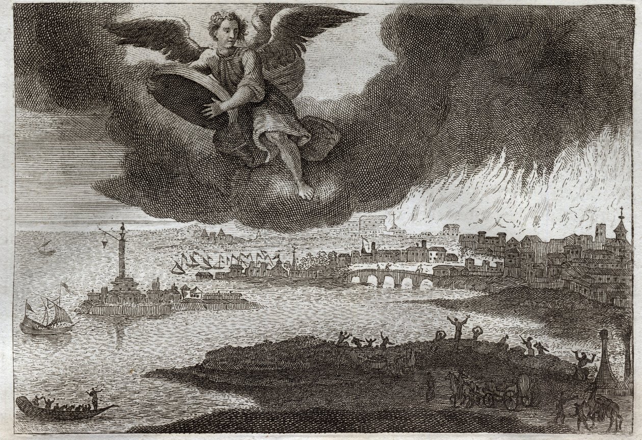Royaumont Bibeln, Nya testamentet: Ruin av Babylon. Babylon i brand, en ängel kastar en sten mot havet, som symboliserar förstörelsen av denna stad under uppenbarelsen. Illustration från 1811. av Unknown artist