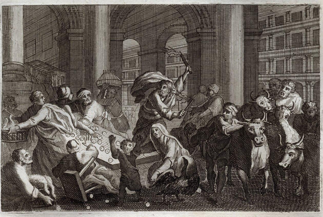 Royaumont Bibeln, Nya testamentet: Säljare jagar från templet. Jesus Kristus driver bort från templet de som vanhelgade honom genom trafiken de ägnade sig åt där. Illustration från 1811. av Unknown artist