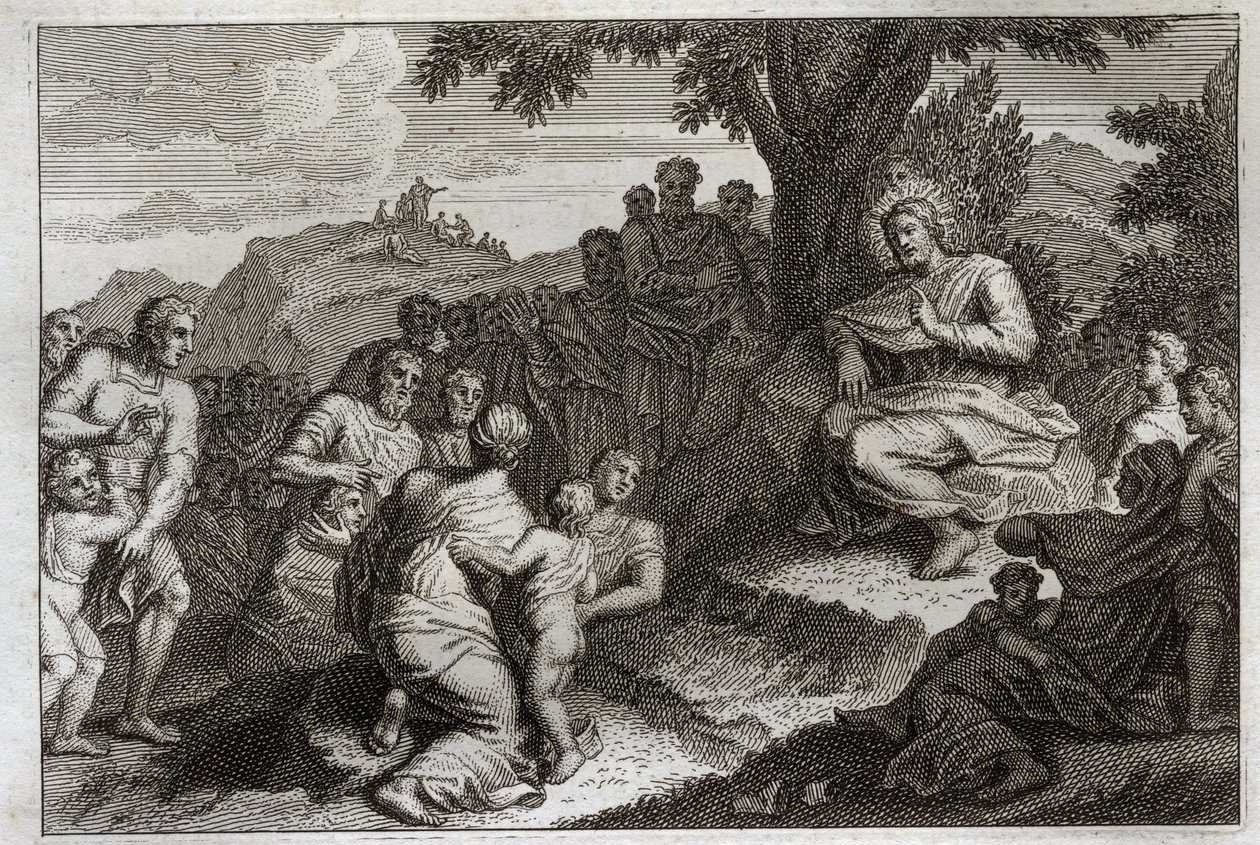 Royaumont Bibeln, Nya testamentet: Predikan på berget. Jesus Kristus väljer ut tolv Apoters av sina lärjungar och gör inför dem och inför ett stort folk predikan, som brukar kallas Bergspredikan. Illustration från 1811. av Unknown artist