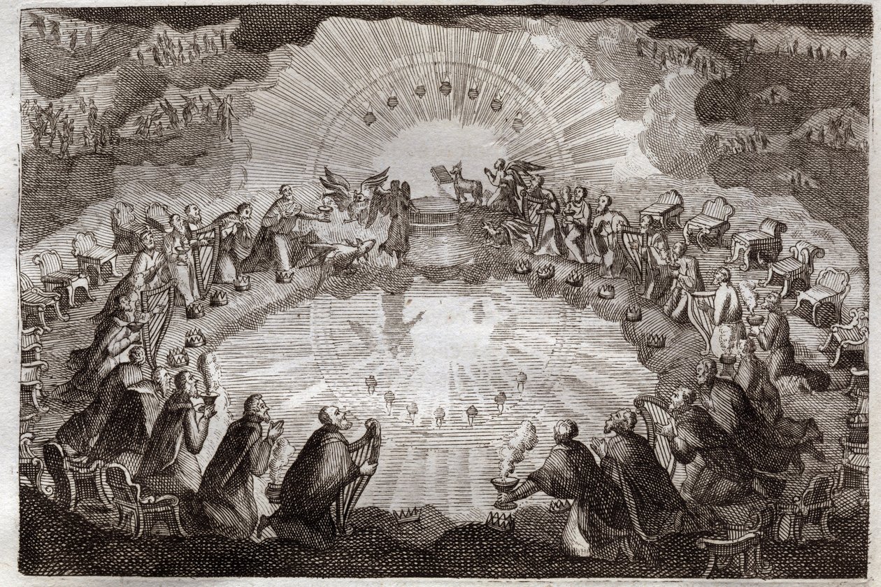 Royaumont Bibeln, Nya testamentet: Sju sigill av boken öppnad av Lammet. De tjugofyra äldste böjer sig framför tronen omgivna av ett lejon, en oxe, en man och en örn (tetramorf) och sju lampor. Illustration från 1811. av Unknown artist