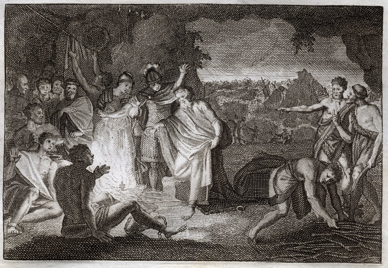 Royaumont Bibeln, Nya testamentet: St Pauls förlisning. Han har blivit biten med en huggorm utan någon skada. Illustration från 1811. av Unknown artist