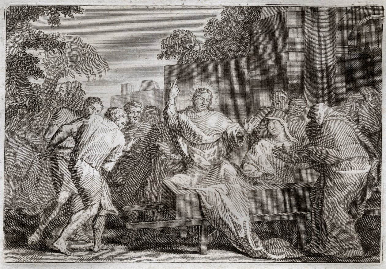 Royaumont Bibeln, Nya testamentet: Son till änkan i Naim. Jesus Kristus uppväcker son till en änka från staden Naim. Illustration från 1811. av Unknown artist