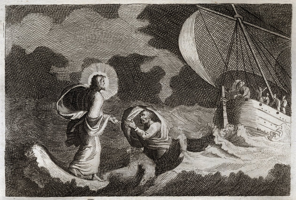 Royaumont Bibeln, Nya testamentet: St Peter går på vattnet. Jesus Kristus går på havet och får Sankt Peter att gå dit. Illustration från 1811. av Unknown artist