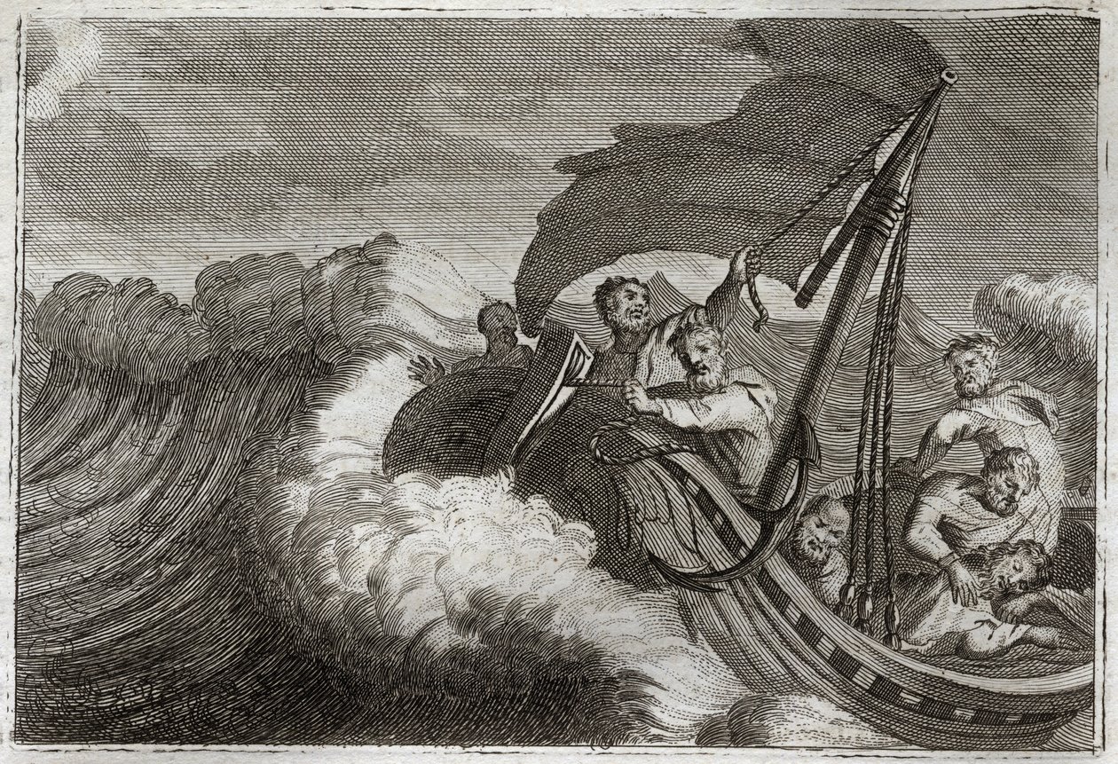 Royaumont Bibeln, Nya testamentet: Tempete lugnade. Apoters är överraskade av en storm väckte Jesus Kristus som sov i deras skepp, och han lugnar också ner Galileiska sjön. Illustration från 1811. av Unknown artist