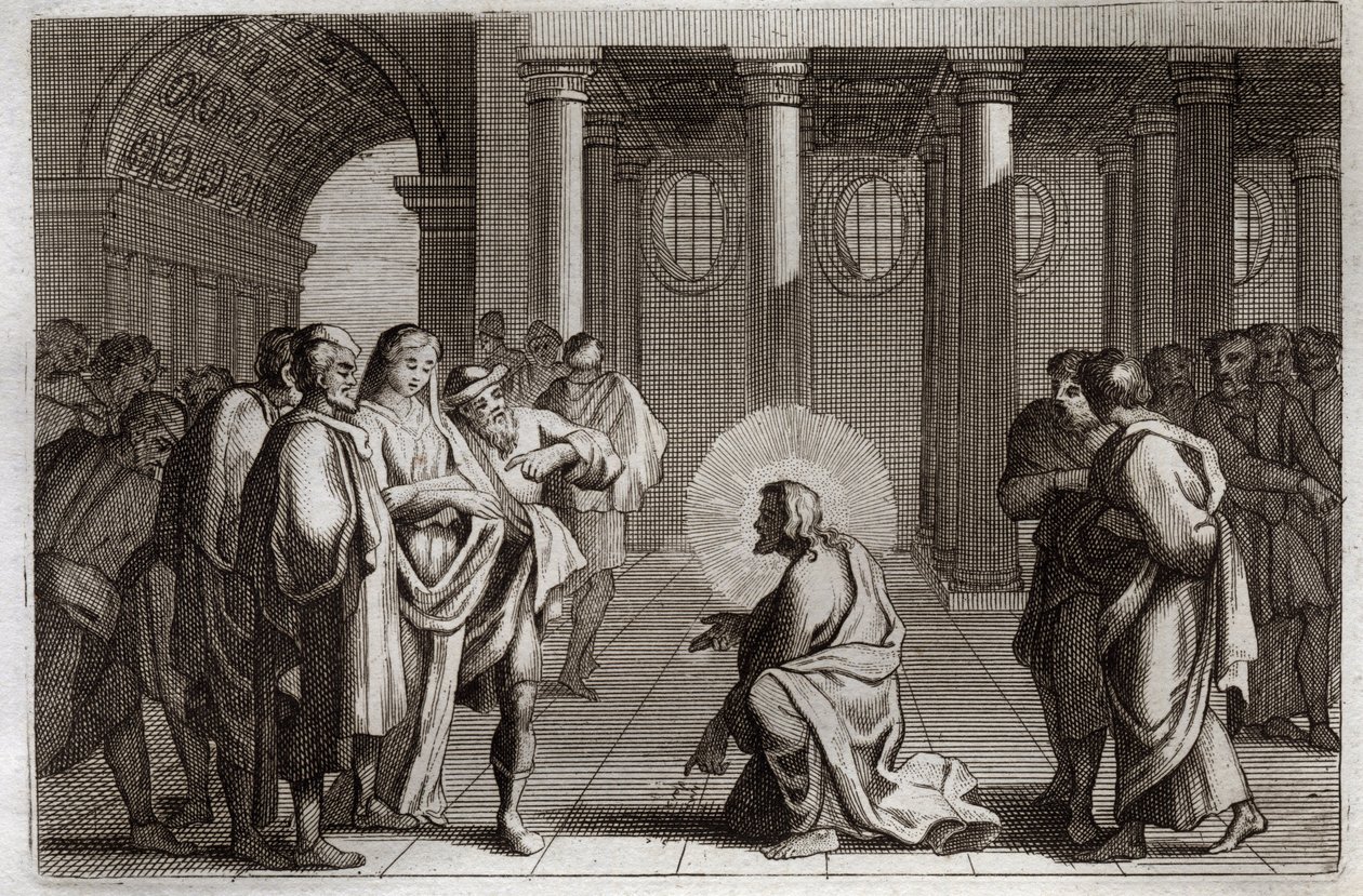 Royaumont Bibeln, Nya testamentet: Den äktenskapliga kvinnan. Jesus Kristus lurar sig själv från de fällor som judarna lade över honom, och frågar honom vad man ska göra av en kvinna som grips i äktenskapsbrott, och säger: "Låt den av dig som är utan synd  av Unknown artist