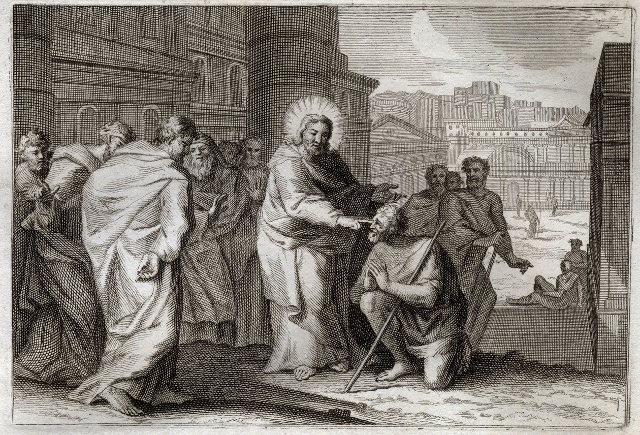 Royaumont Bibeln, Nya testamentet: De blinda gör det. Jesus Kristus krigar mirakulöst de blinda. Illustration från 1811. av Unknown artist