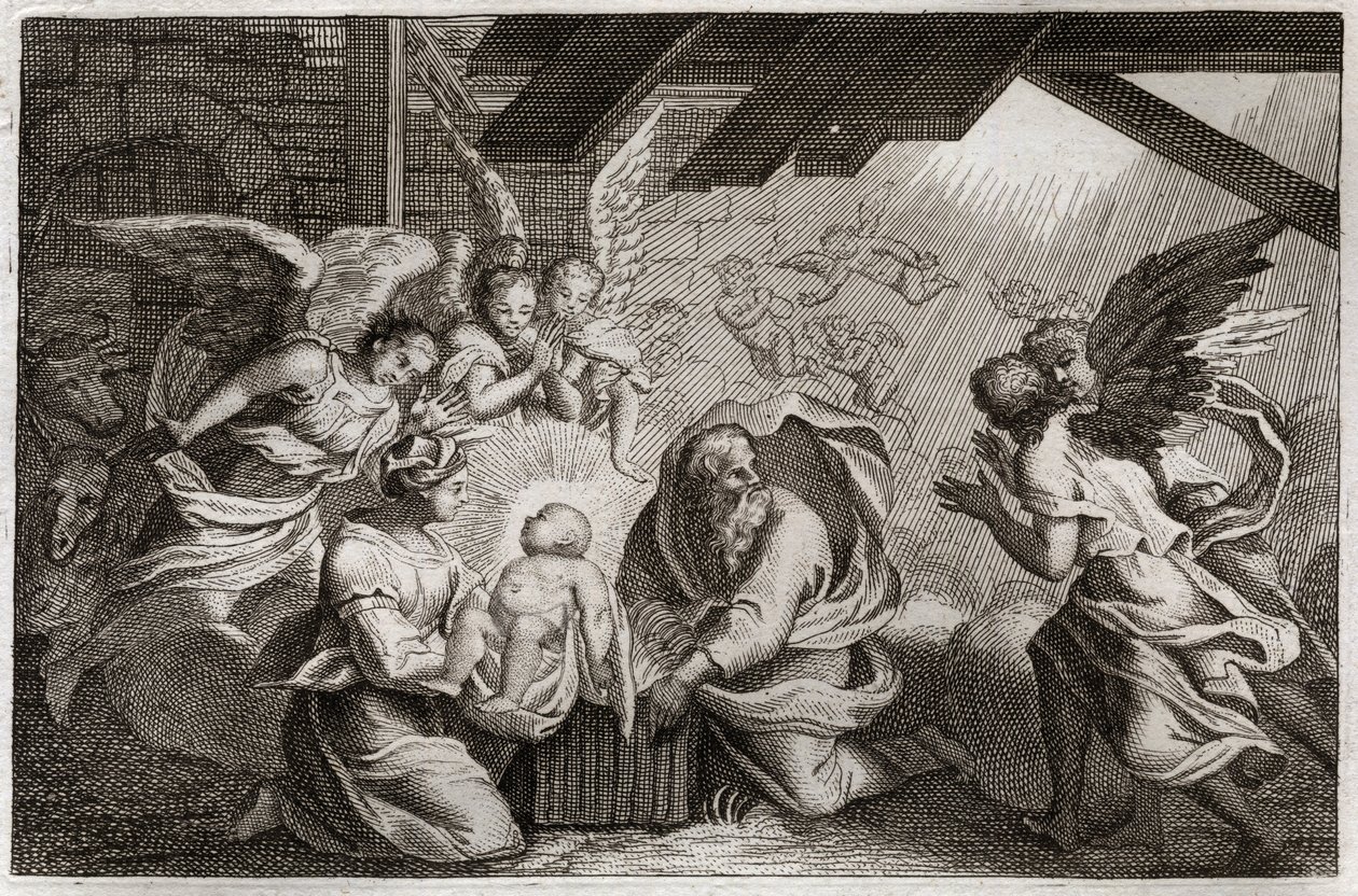 Royaumont Bibeln, Nya testamentet: Födelsekyrkan. Jesus Kristus föddes från den heliga jungfru Maria i ett stall i Betleem. Illustration från 1811. av Unknown artist