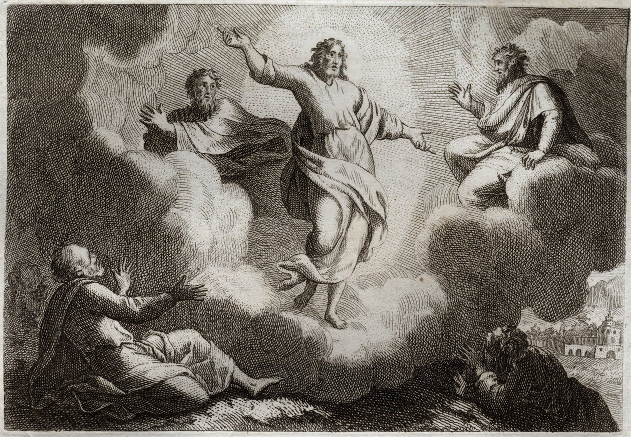 Royaumont Bibeln, Nya testamentet: Jesu Kristi förvandling. Kristus omger Mose och Elia med nedan aposteln Sankt Johannes, Petrus och Jakob. Illustration från 1811. av Unknown artist