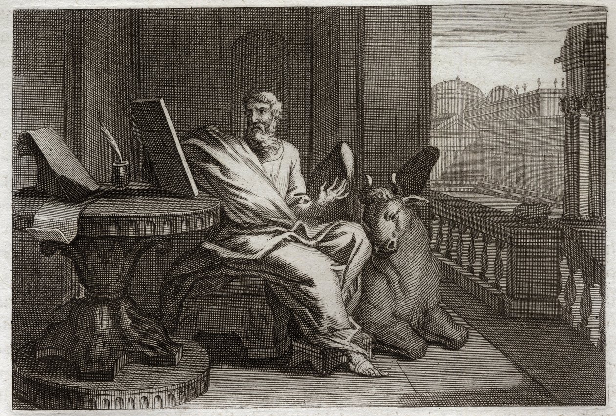 Royaumont Bibeln, Nya testamentet: Evangelisten Saint Luke med tjuren. Illustration från 1811. av Unknown artist