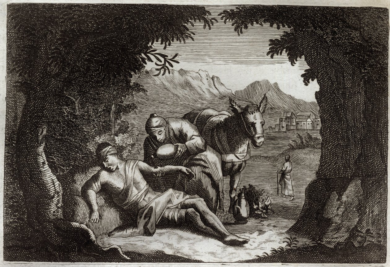 Royaumont Bibeln, Nya testamentet: Liknelsen om den barmhärtige samariten. Samariten stannade på väg för att rädda den nödställda mannen. Illustration från 1811. av Unknown artist