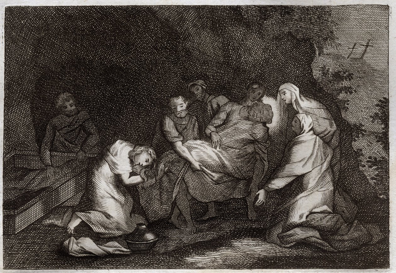 Royaumont Bibeln, Nya testamentet: Grav. Jesu Kristi grav. Bland karaktärerna som omger Jesu Kristi kropp: Jungfru Maria, Saint Nikodema, Saint Joseph of Arimathia, Saint John the Evangelist och Saint Mary Magdalena. Illustration från 18 av Unknown artist
