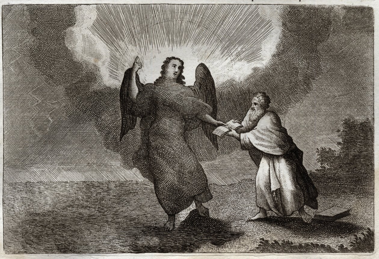 Royaumont Bibeln, Nya testamentet: Vision av Sankt Johannes. Vision of the Angel med en öppen bok ger Saint John att sluka honom. Illustration från 1811. av Unknown artist