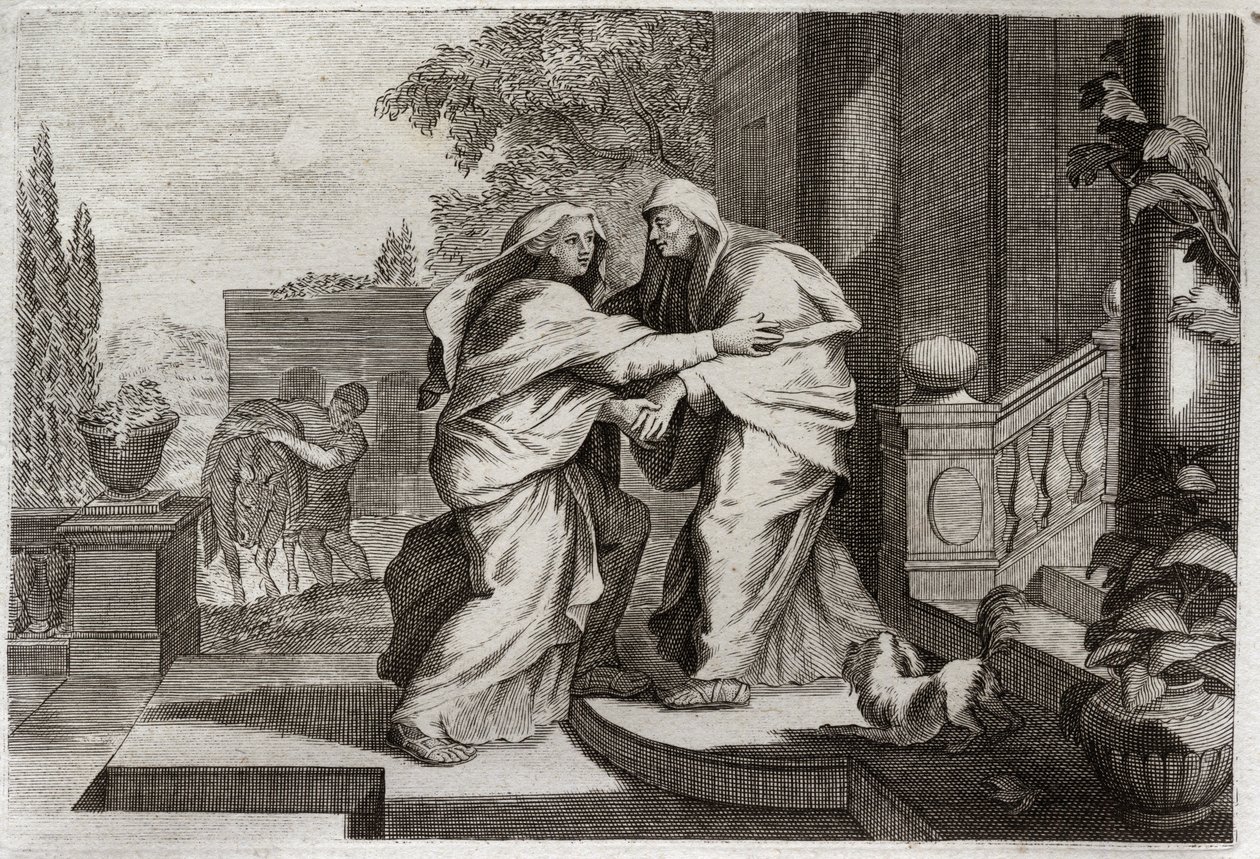 Royaumont Bibeln, Nya testamentet: Besök. Jungfru Maria besöker sin kusin Elisabeth. Illustration från 1811. av Unknown artist