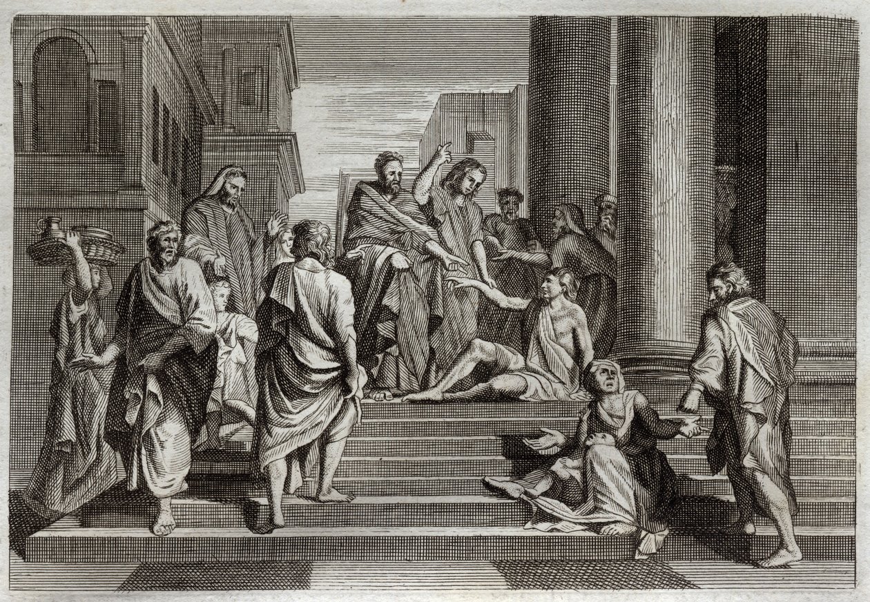 Royaumont Bibeln, Nya testamentet: De lamas krig. Sankt Peter, tillsammans med Johannes, krigade mirakulöst mot en halt man i Jerusalem. Illustration från 1811. av Unknown artist