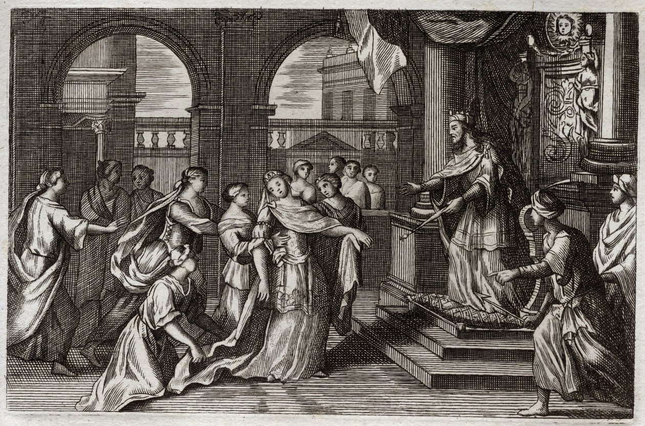 Royaumont Bibeln, Gamla testamentet: Ester kommer att presentera sig inför kung Xerxes I (Assuerus I), i avsikt att rädda sitt folk från döden som hotade honom. Illustration från 1811. av Unknown artist