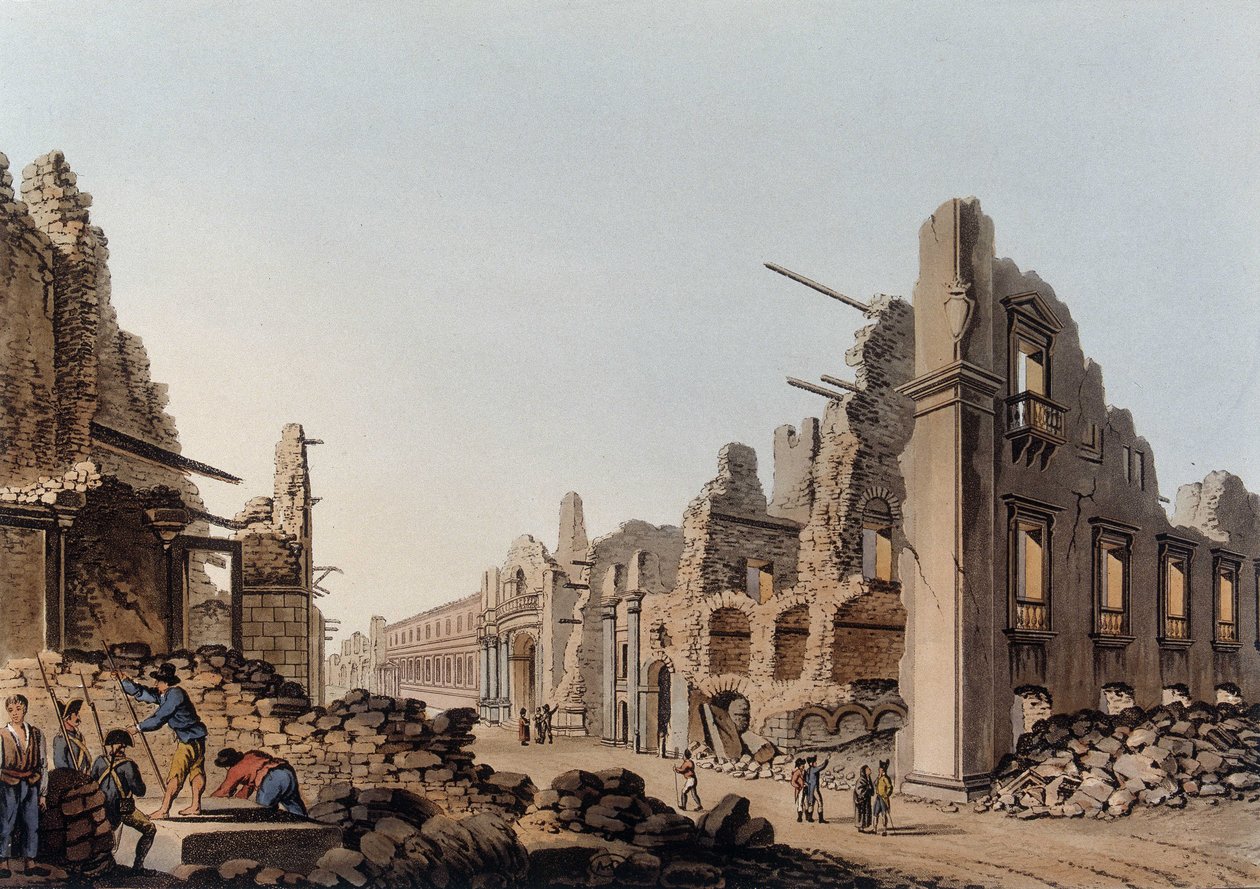 Ruiner orsakade av jordbävningen i Messina (Messina) 1783. I "Utsikter i de osmanska dominionerna, i Europa, i Asien och några av medelhavsöarna" av Unknown artist