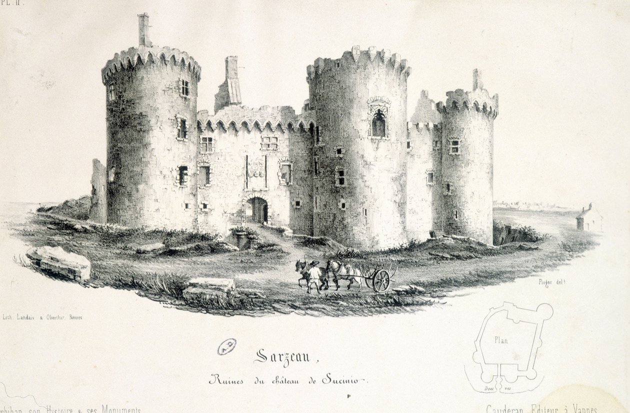 Ruiner av slottet av Sucinio i Sarzeau (Morbihan) - gravyr av Unknown artist