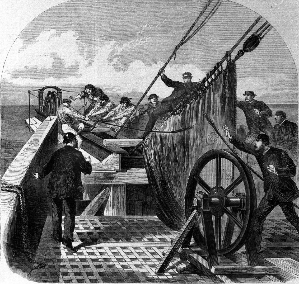 Avbrott i den transatlantiska telegrafkabeln ombord på fartyget Great Eastern förvandlades till ett transatlantiskt telegrafkabelskikt mellan Europa och Amerika, då kabeln bröts 1865 av Unknown artist