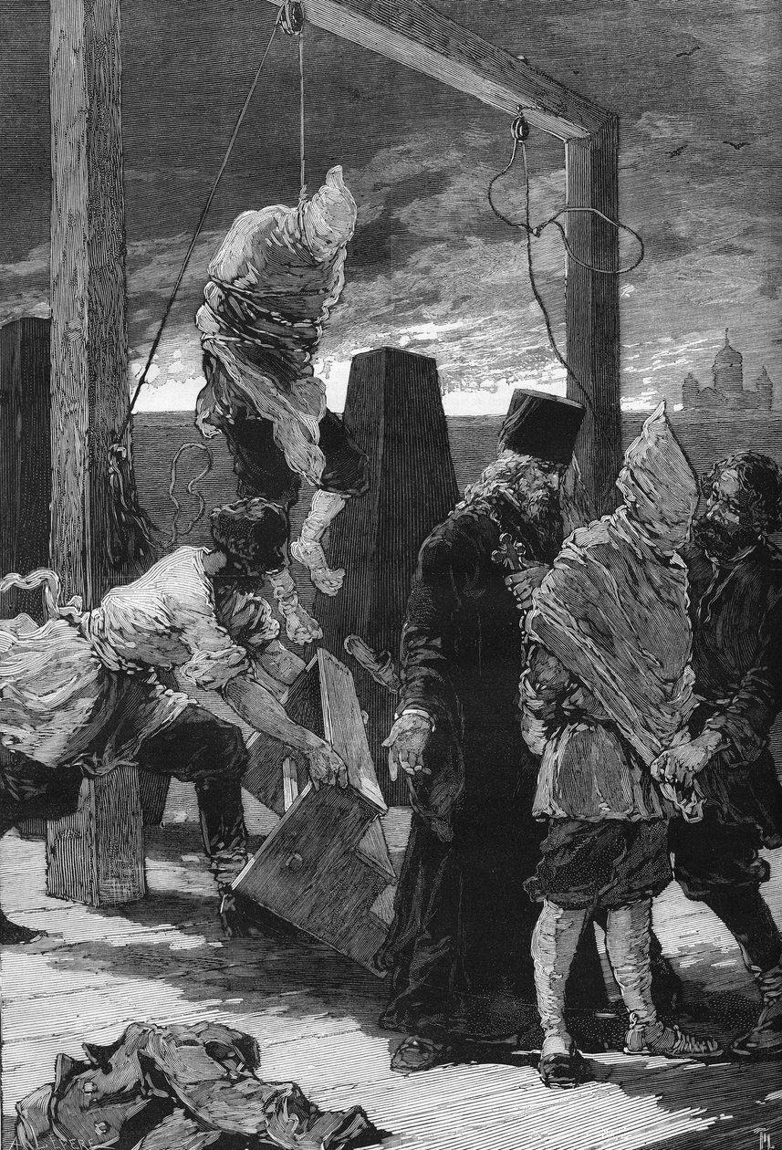 Ryssland, St. Petersburg: avrättning av de två nihilisterna Kviatkovsky och Presniakoff 1880-11-16 i Sankt Johannes-ravelinen i fästningen av de heliga Peter och Paulus. De var förövarna av attacken mot Vinterpalatset 1879. av Unknown artist