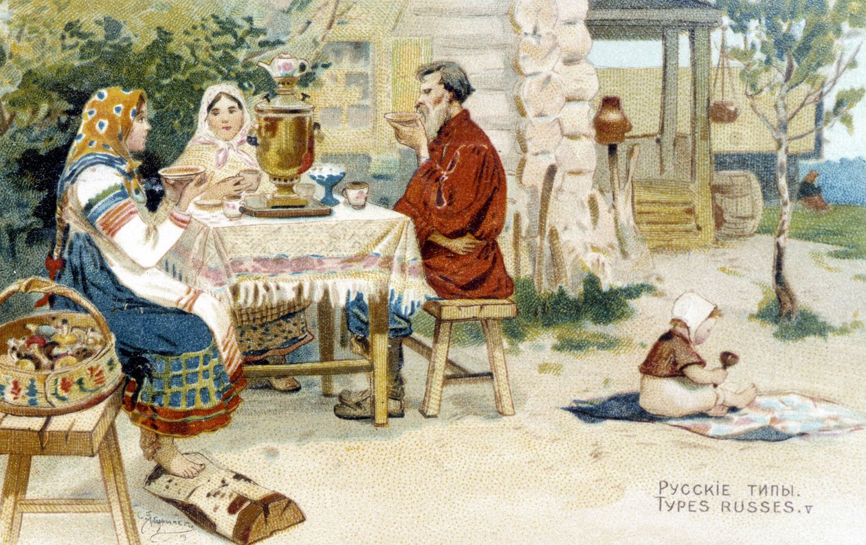 Rysk familj dricker te runt en samovar - chromo. av Unknown artist