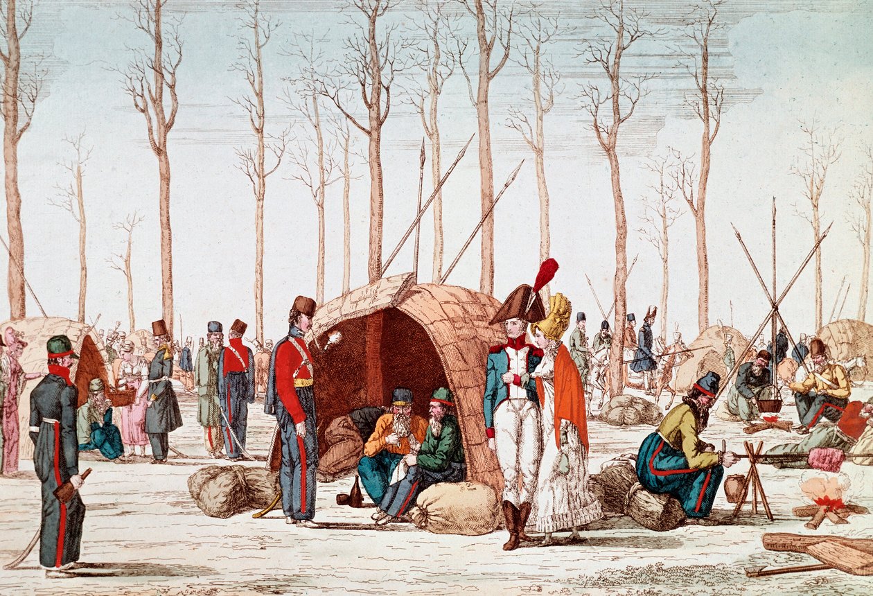 Ryska soldater bivackar på Champs-Elysees, Paris, Frankrike, 31 mars 1814 (gravyr) av Unknown artist