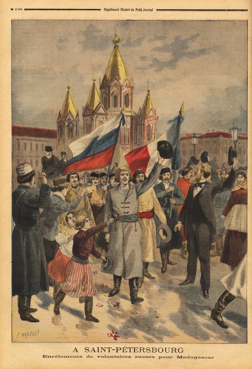 Ryska volontärer i Sankt Petersburg för den franska expeditionen från Madagaskar. Gravyr i "" Le petit journal"" 1895-04-28. Selvas samling. av Unknown artist
