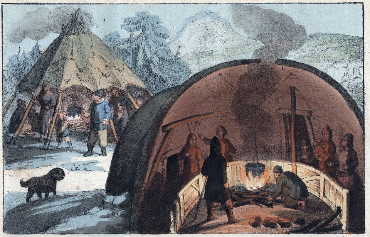 Samisk familj i ett tält i Lappland - Interiör av en lappländsk hydda med en familj runt elden - gravyr från "" Seder och traditioner för alla folk i universum. Det är historien om regeringen, om lagarna, om milisen, om religionen för alla nationer från av Unknown artist